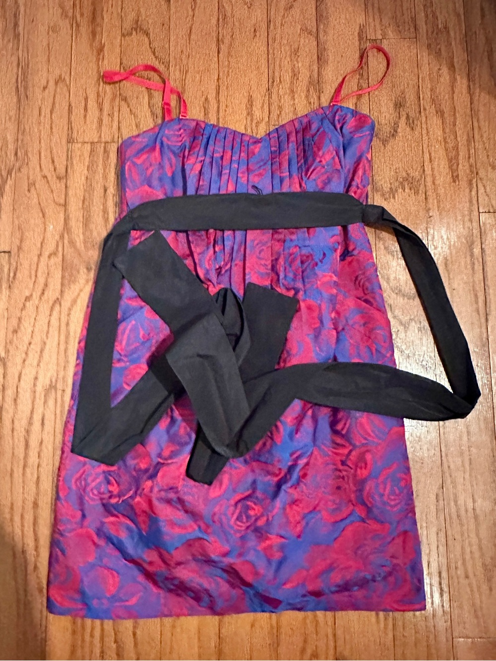 BCBGMaxAzria Pink and Purple Floral Mini Dress with Black Sash